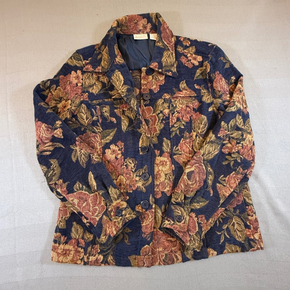 Erika Petite Floral Tapestry Jacket Navy Blue Rose Print Button Front Sz PS 2491